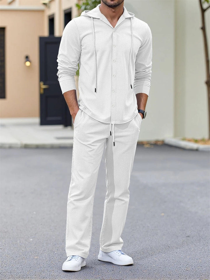 Men's casual two-piece lounge set with hoodie shirt, full button placket, and drawstring pants Mune Fashion