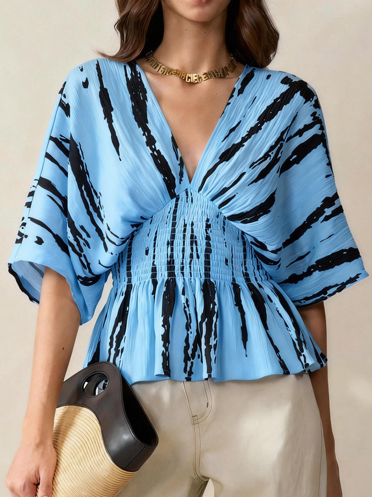 Women's V-Neck Blouse with Loose Fit and Ruching Mune Fashion