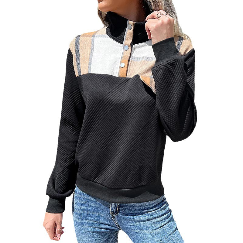 Women Quilted Sweatshirt with Check Pattern Trim, Stand-Up Collar and Snap Button Placket Mune Fashion