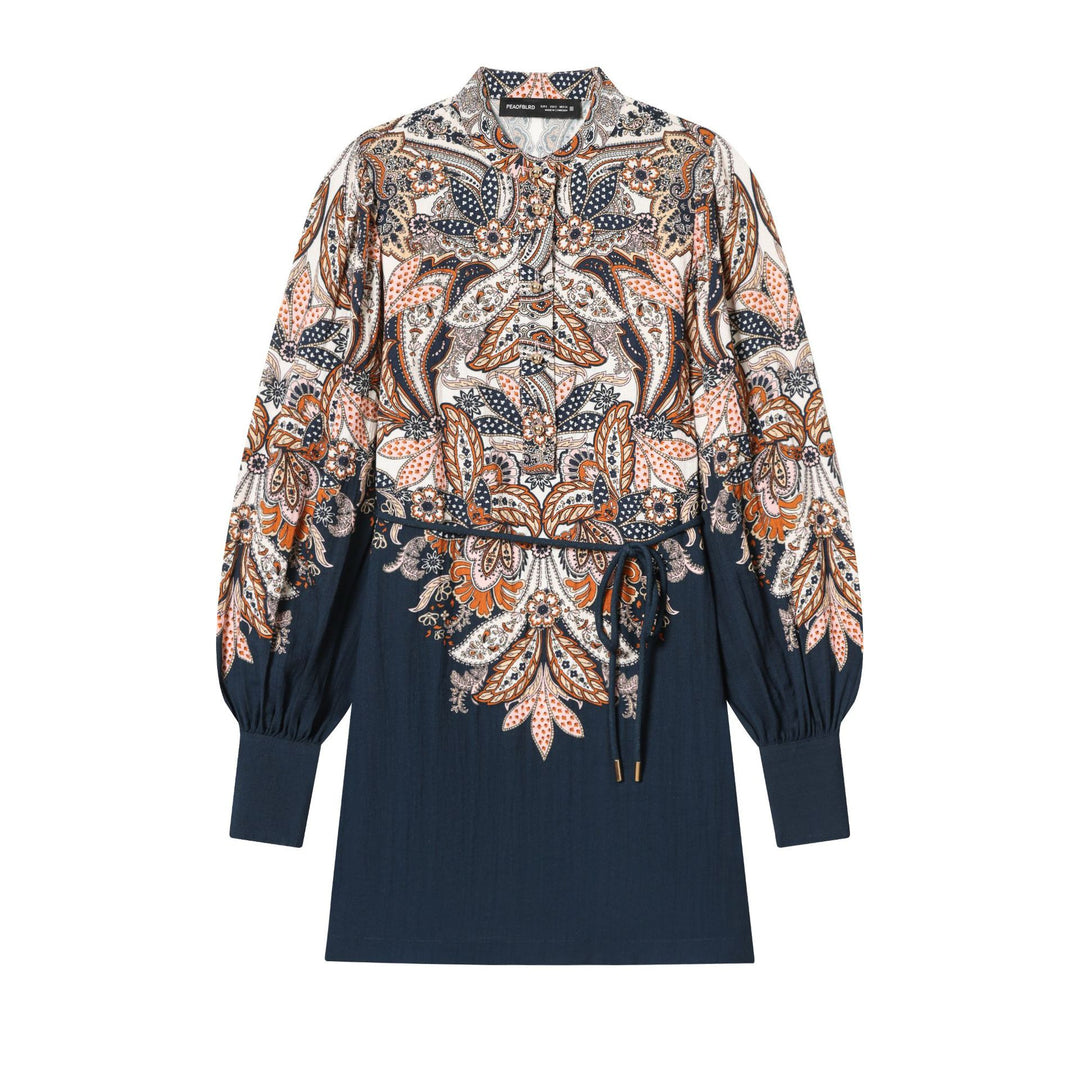 Women's Paisley Tunic with Stand-Up Collar, Waist Drawstring, and Balloon Sleeves Mune Fashion