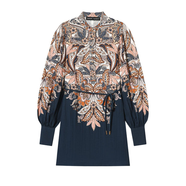 Women's Paisley Tunic with Stand-Up Collar, Waist Drawstring, and Balloon Sleeves Mune Fashion