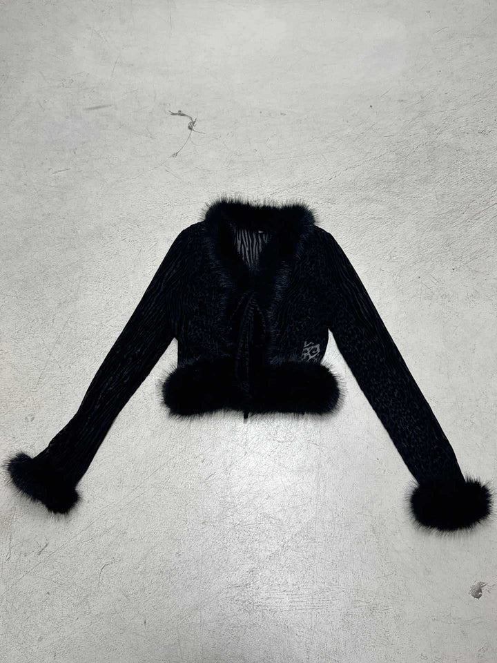 Women's short velvet jacket with luxurious faux fur trim at collar, hem, and sleeves Mune Fashion