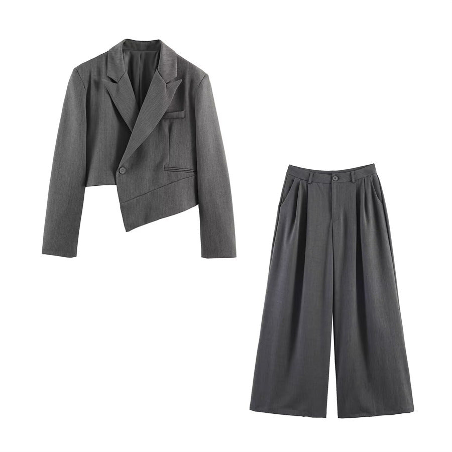Women Asymmetric Cropped Blazer with Slanted Hemline and Lapel Collar Mune Fashion