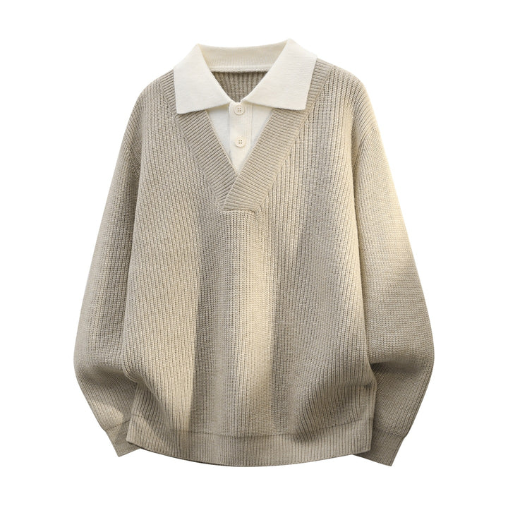 Men's chunky knit pullover with deep V-neck and contrasting polo collar Mune Fashion