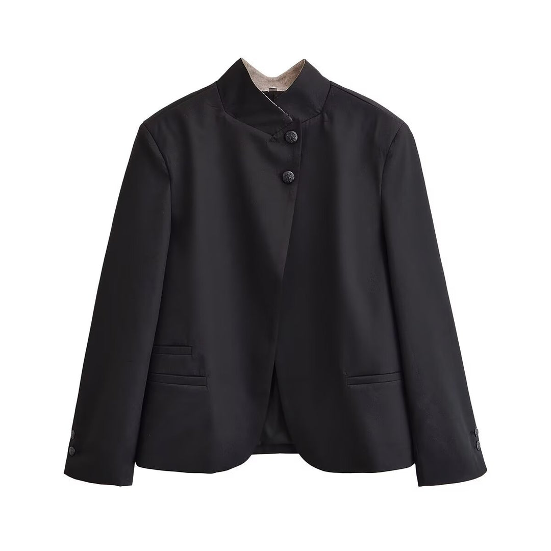 Women's Short Blazer with Stand Collar and Asymmetrical Button Placket Mune Fashion