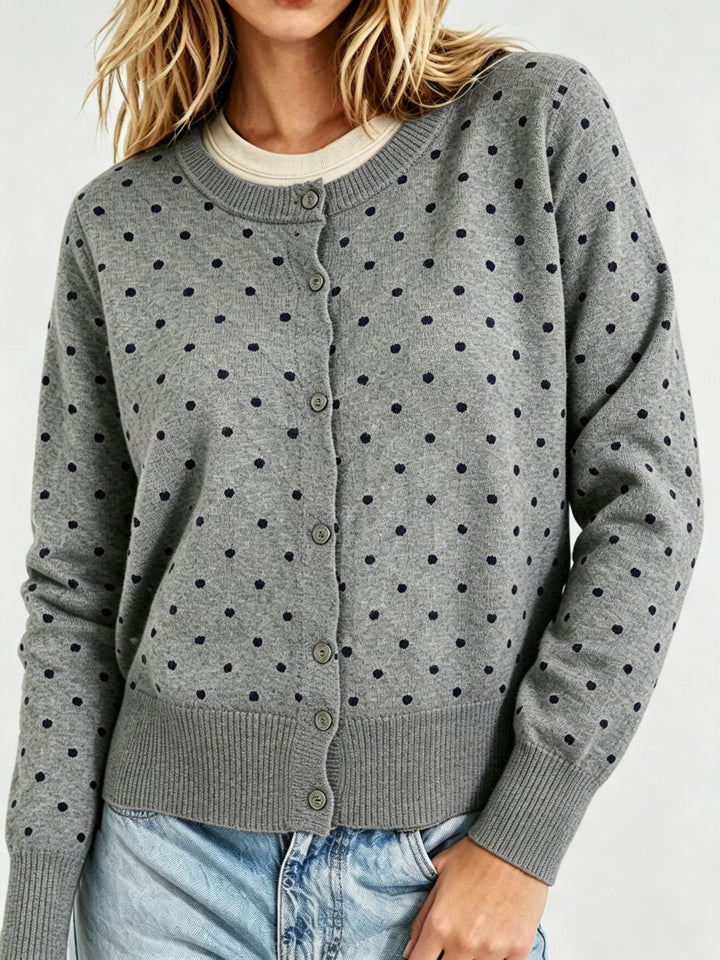 Women's Dotted Fine Knit Cardigan with Round Neck and Ribbed Cuffs Mune Fashion