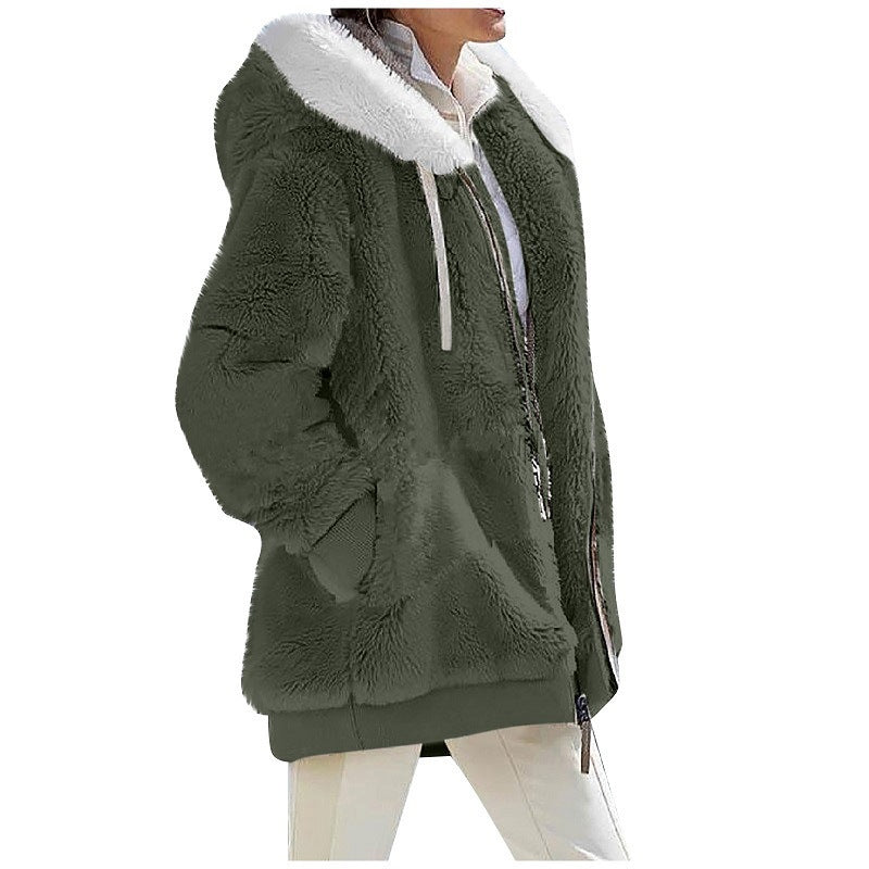 Ladies Cozy Teddy Hoodie Jacket with Contrast Trim, Zipper and Insert Pockets Mune Fashion