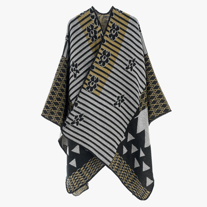 Women's Oversize Jacquard Ruana in Ethno Patchwork Design Mune Fashion