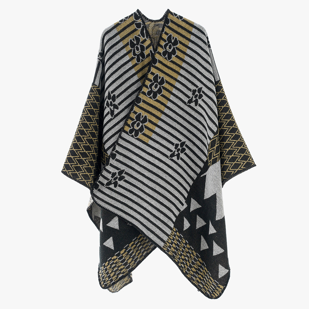 Women Versatile Knit Poncho in Patchwork Jacquard with V-Neck and Asymmetrical Points Hem Mune Fashion