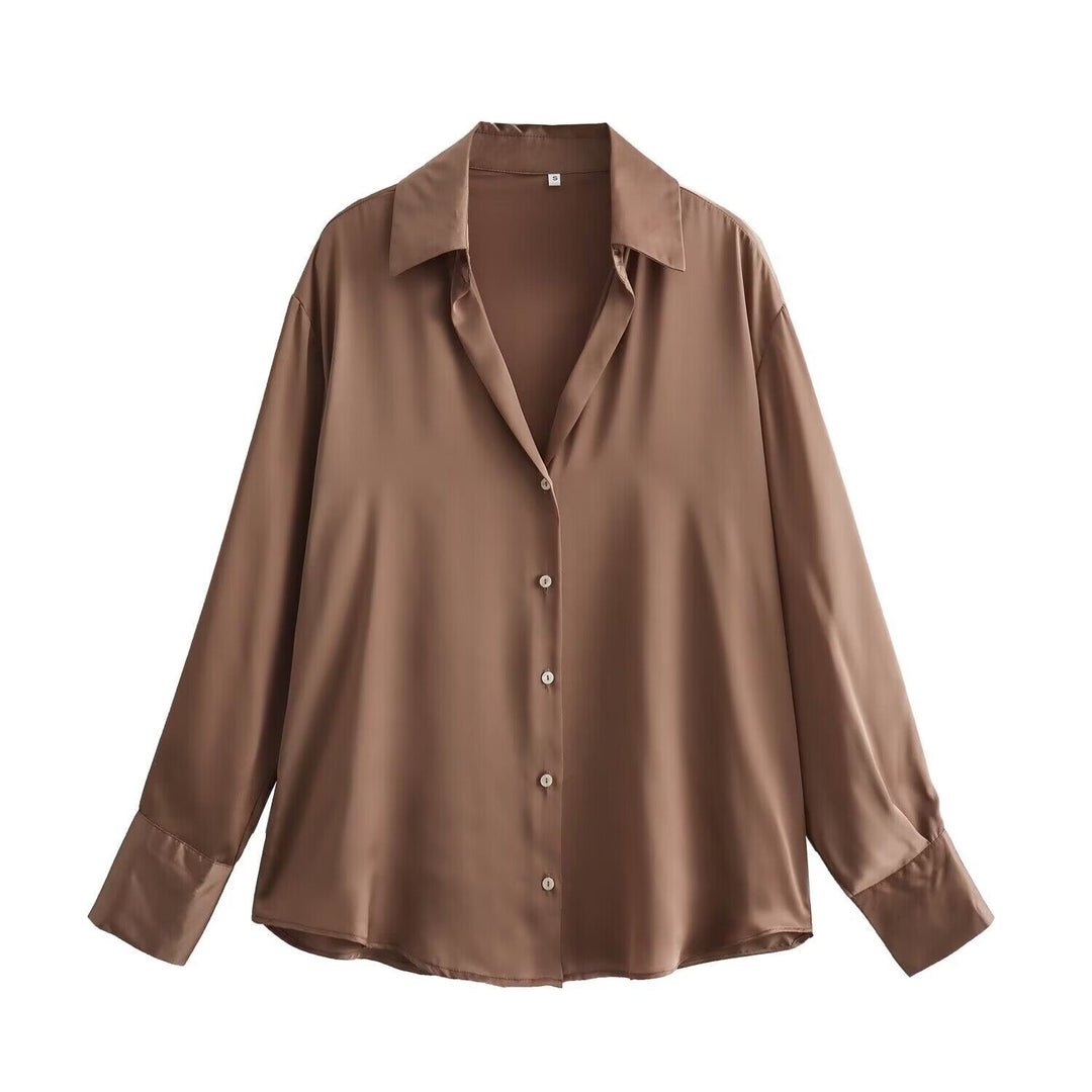 Ladies Oversized Satin Blouse with Shirt Collar and Wide Cuffs Mune Fashion