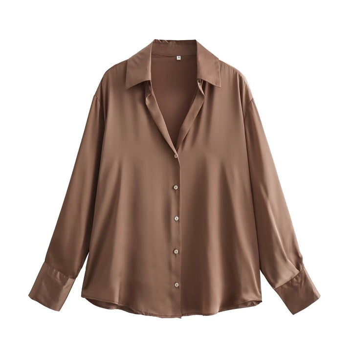 Ladies Oversized Satin Blouse with Shirt Collar and Wide Cuffs Mune Fashion