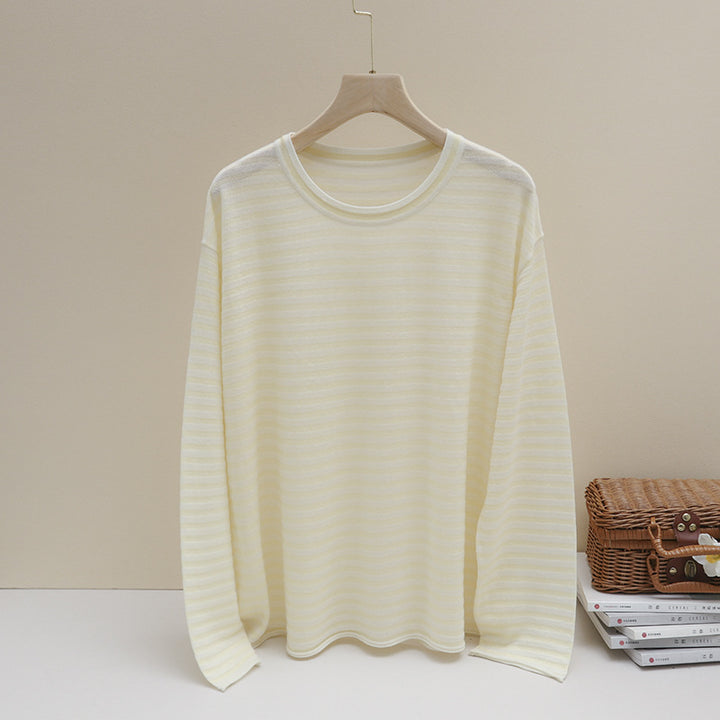 Womens fine striped long sleeve shirt with round neckline made of lightweight jersey Mune Fashion