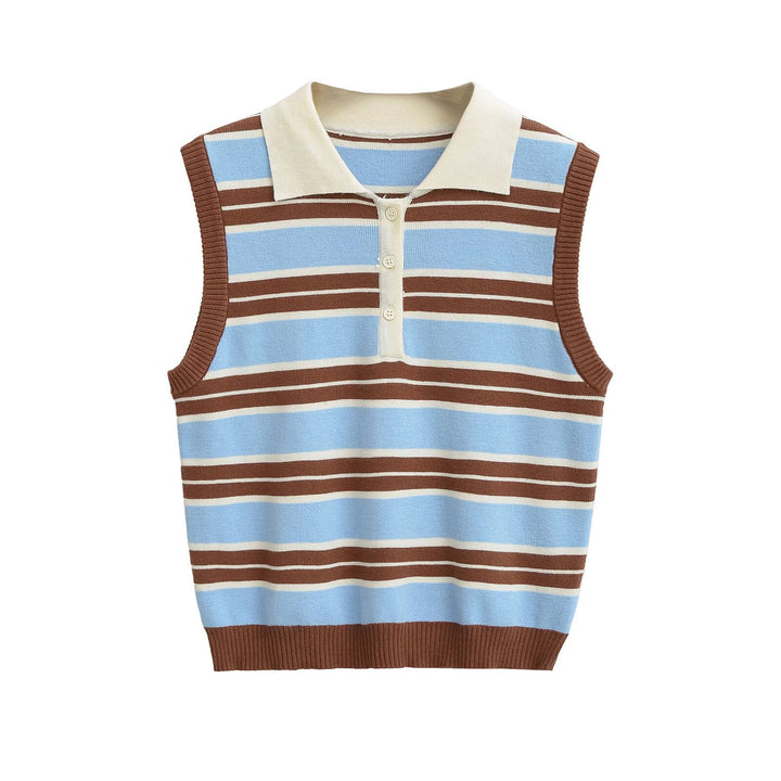 Women's Sleeveless Fine Knit Polo Top with Button Placket, Ribbed Hem and Classic Stripe Pattern Mune Fashion