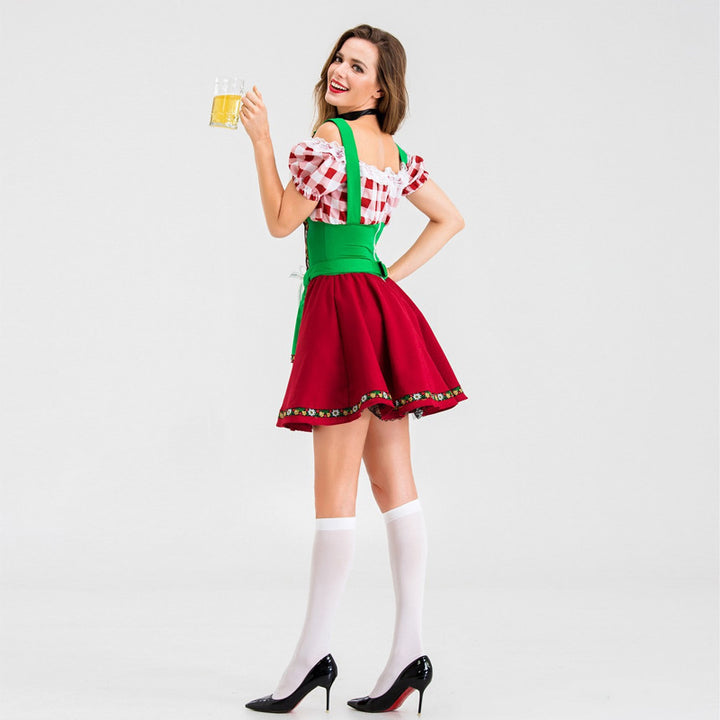 Ladies' nan party dirndl mini dress in Oktoberfest style with adjustable straps, lace trim, and embroidered apron application Mune Fashion