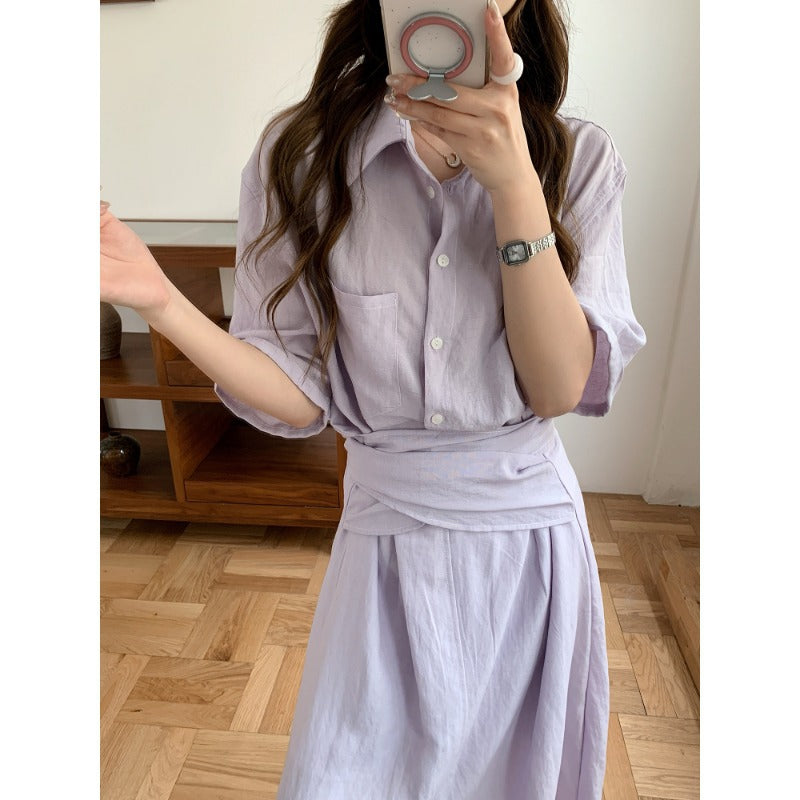 Women's Two-Piece Linen Look Blouse and Midi Skirt Set with Tailored Waist Mune Fashion