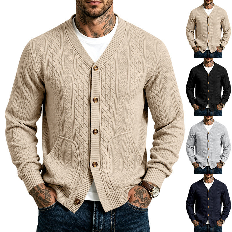Men's Structured Knit Cardigan with V-Neck and Cable Pattern Mune Fashion