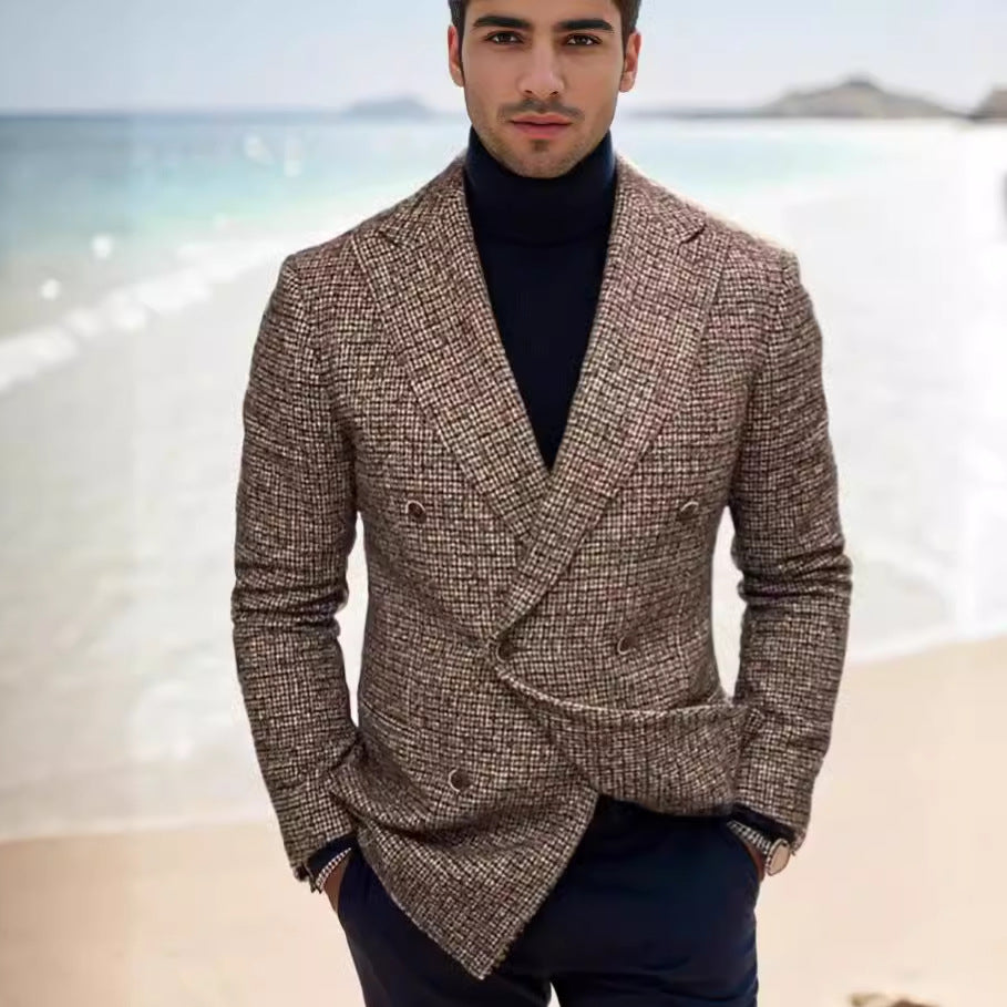 Men's Double-Breasted Tweed Blazer with Distinctive Lapels and Tailored Silhouette Mune Fashion