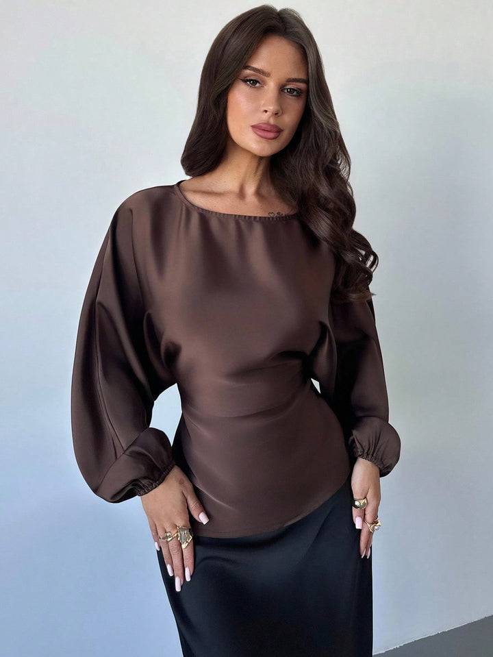 Women's Polka-Dot Satin Blouse with Balloon Sleeves and Wide Round Neckline Mune Fashion