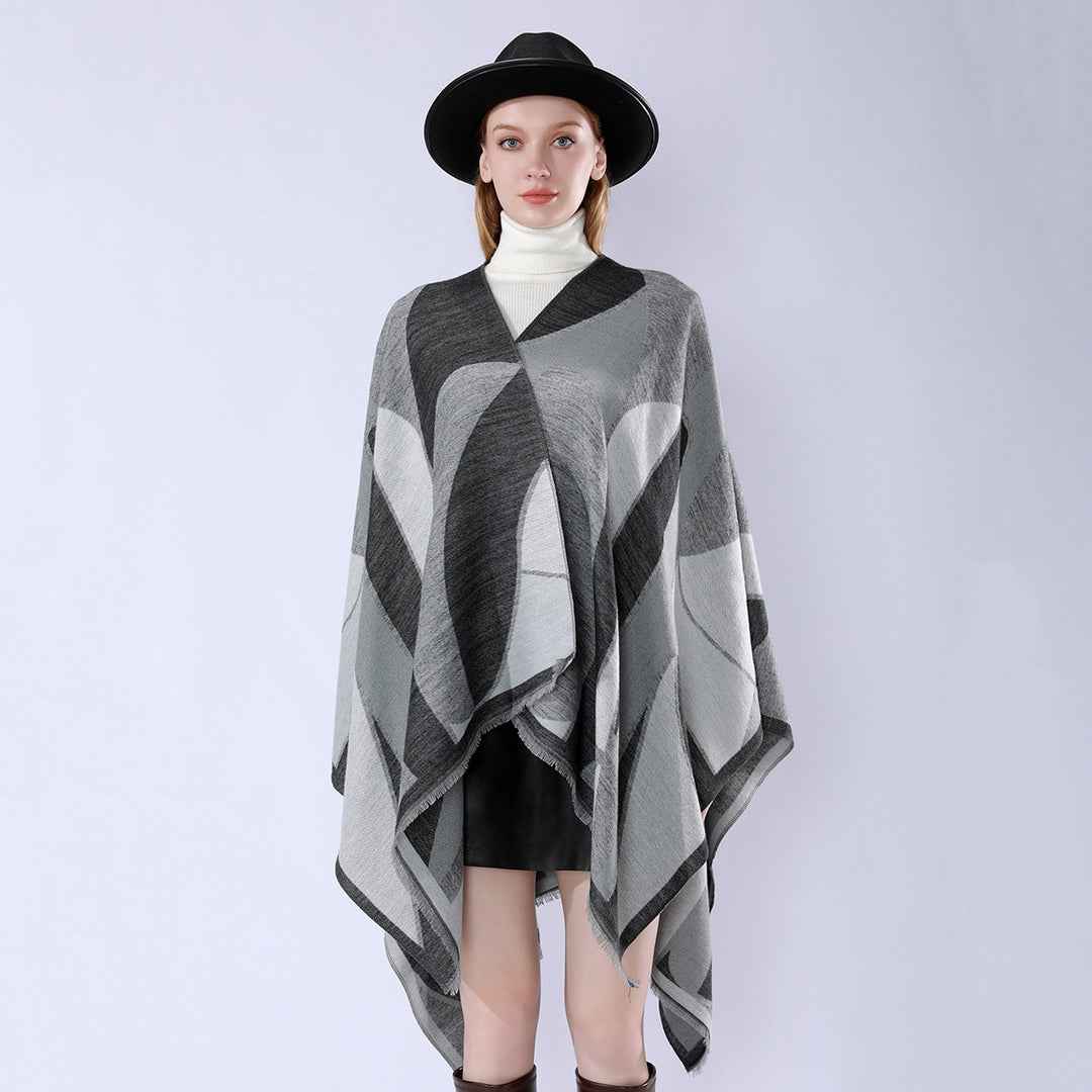 Women's Oversize Poncho with V Neck and Geometric Jacquard Design Mune Fashion