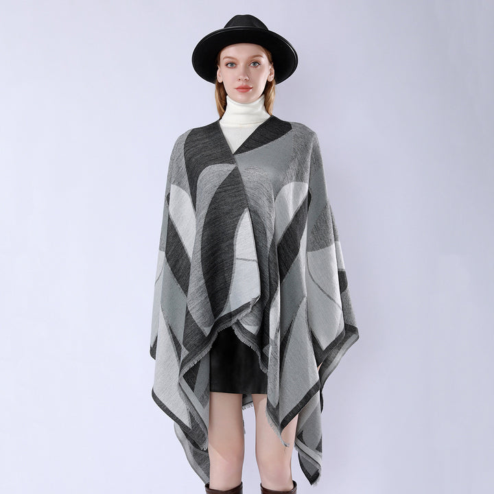 Women's Oversize Poncho with V Neck and Geometric Jacquard Design Mune Fashion