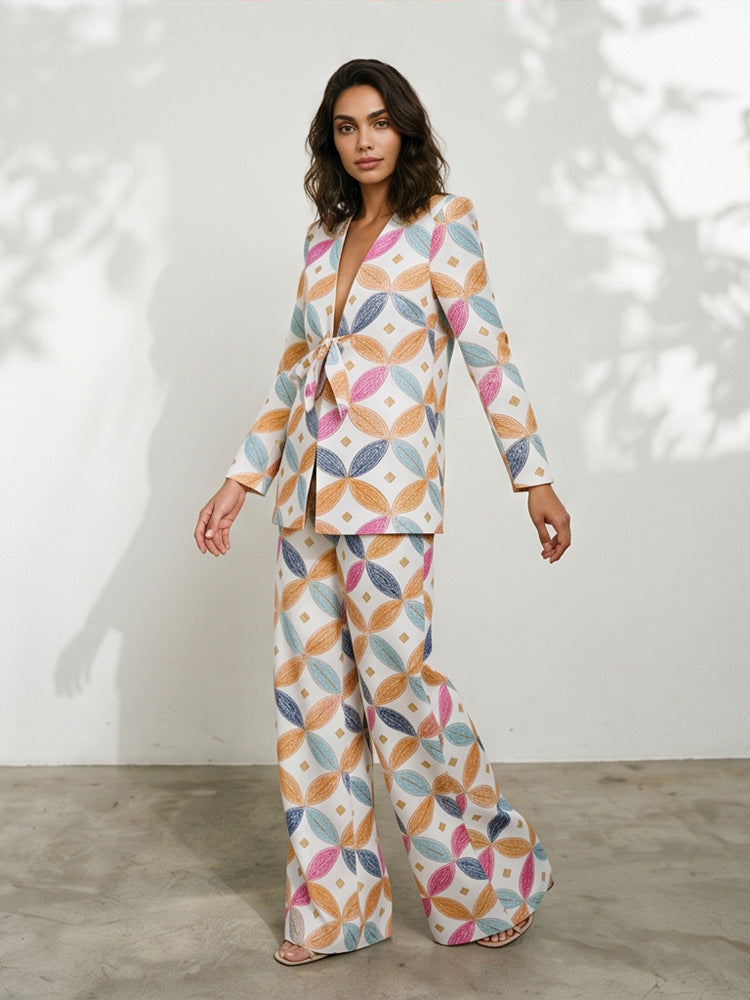 Women's Two-Piece Jacquard Suit with Waist Bow and Wide Leg Mune Fashion