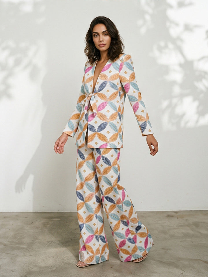 Women's Two-Piece Jacquard Suit with Waist Bow and Wide Leg Mune Fashion