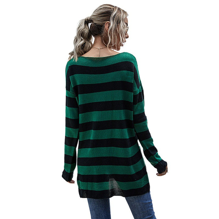 Women Off-Shoulder Knit Sweater with Stripes Mune Fashion