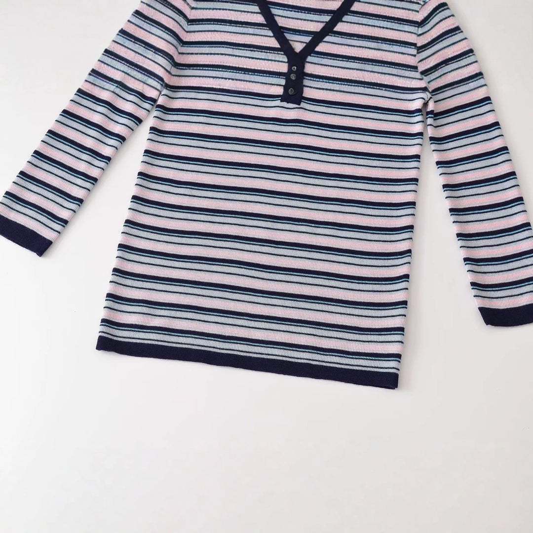 Women's fine knit Henley shirt with fine stripe structure and button placket Mune Fashion