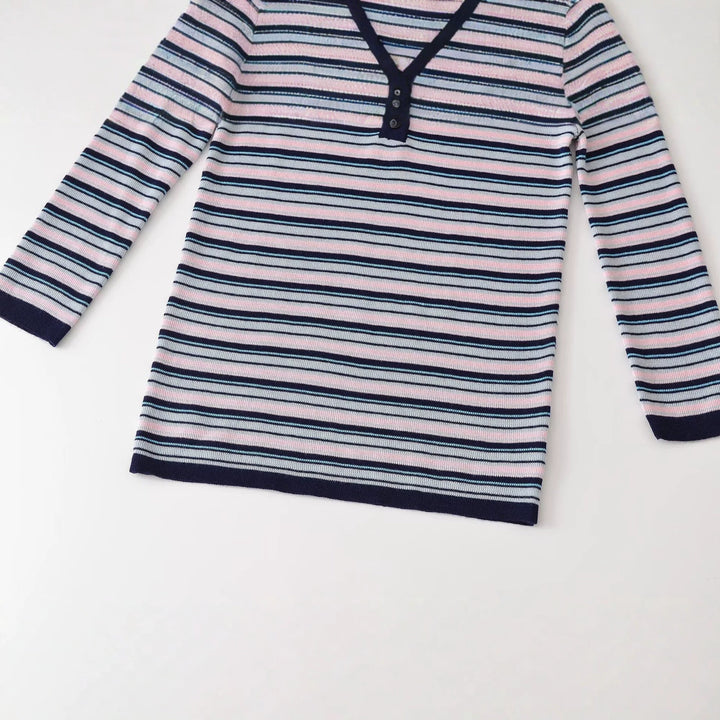 Women's fine knit Henley shirt with fine stripe structure and button placket Mune Fashion