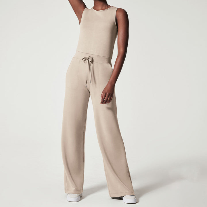 Women's sleeveless knitted jumpsuit with wide palazzo legs, drawstring waistband, and patch pockets Mune Fashion