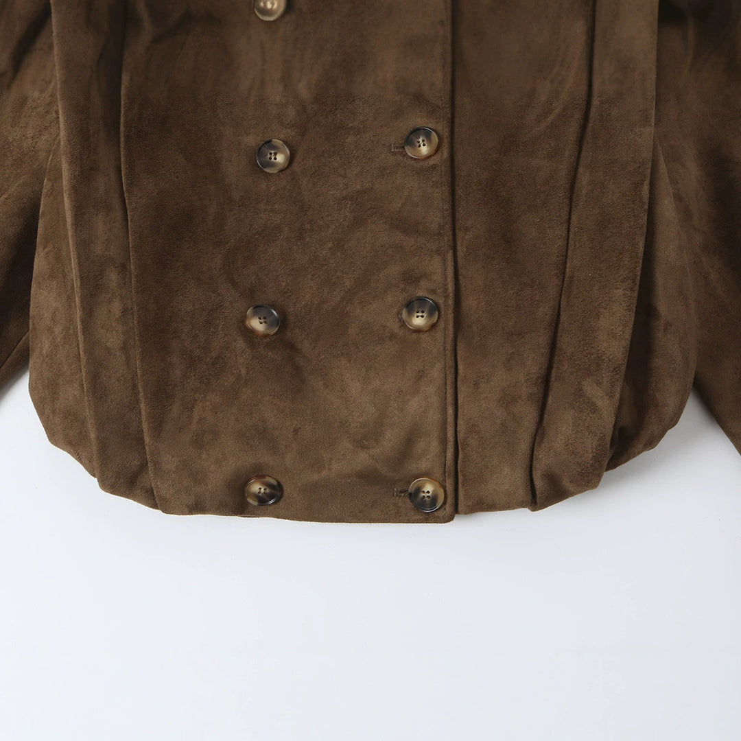 Women Short Double-Breasted Suede Jacket with Stand-Up Collar and Epaulettes Mune Fashion