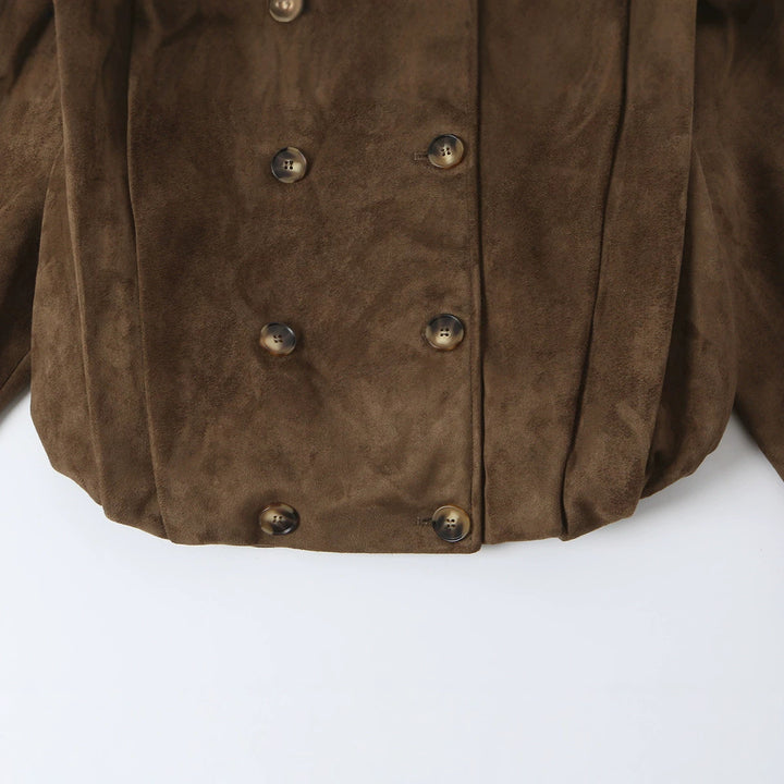 Women Short Double-Breasted Suede Jacket with Stand-Up Collar and Epaulettes Mune Fashion