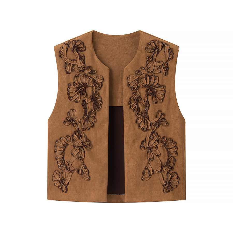 Ladies Embroidered Suede-Look Vest with Three-Dimensional Flower Appliqué Mune Fashion