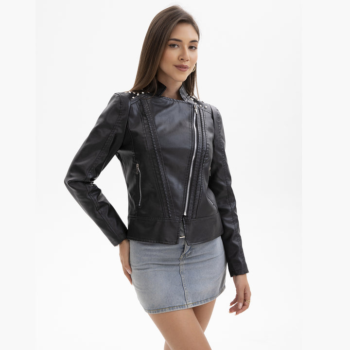 Women's nan biker jacket made of faux leather with studded details and asymmetric zipper Mune Fashion