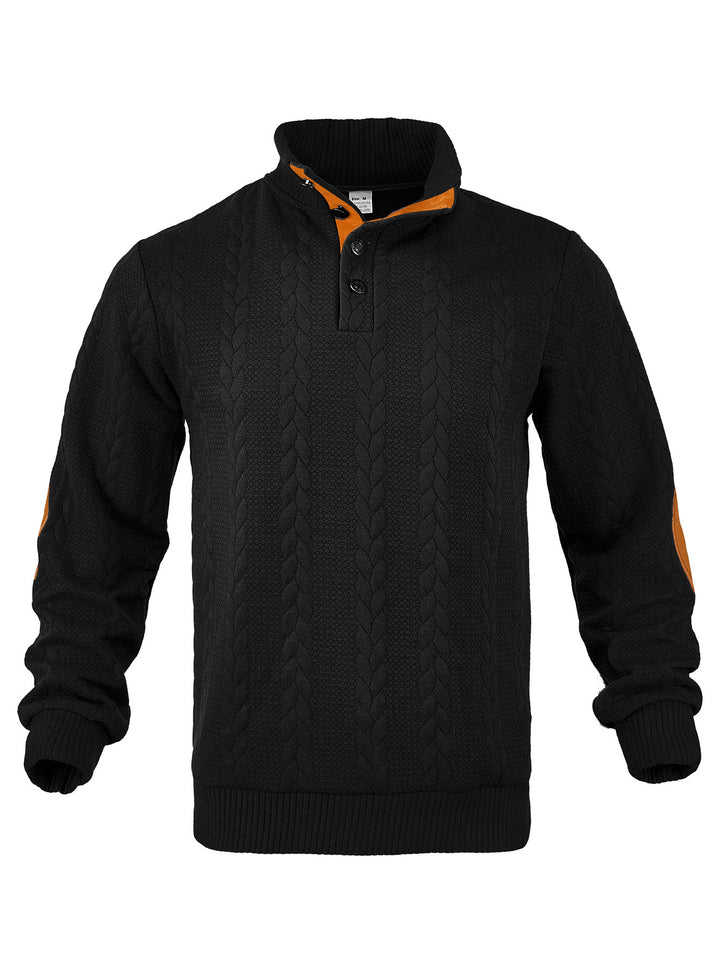 Men's Cable Knit Half Button Sweater with High Stand Collar and Suede Elbow Patches Mune Fashion