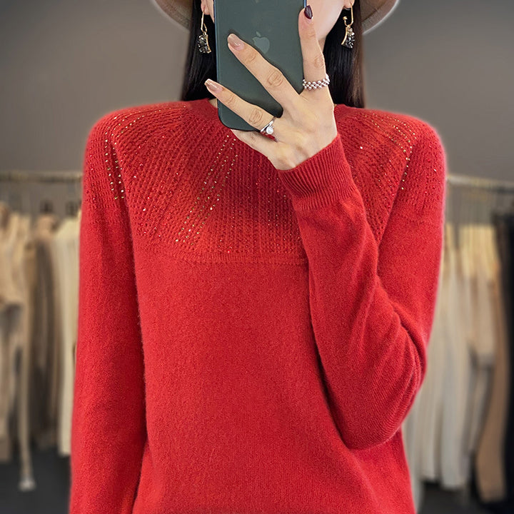 Ladies Soft Cashmere-Look Fine Knit Sweater with Ajour-Yoke and Sequin Trim Mune Fashion