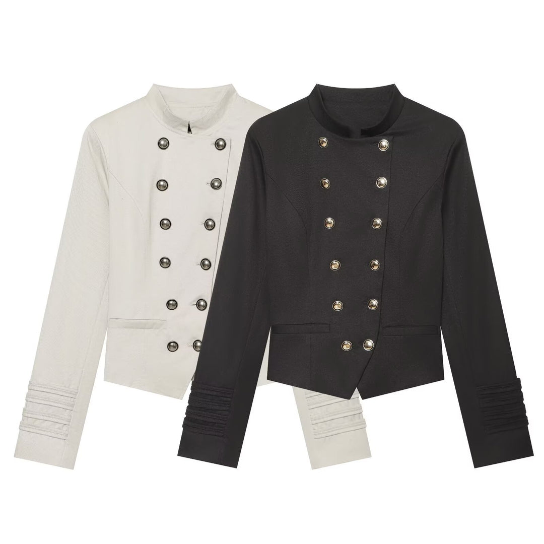 Women Short Double-Breasted Sailor Blazer with Stand Collar and Decorative Sleeve Gatherings Drune
