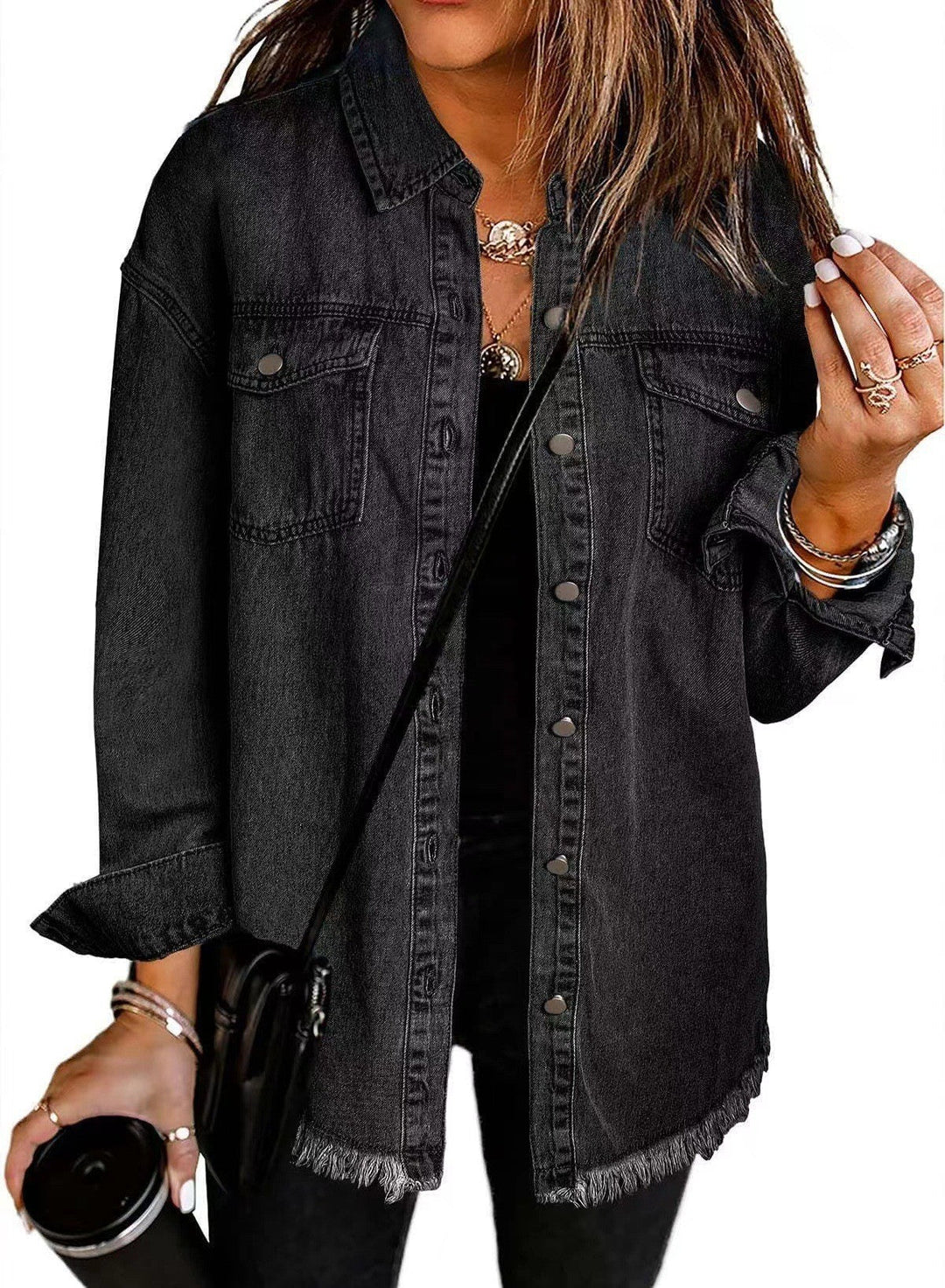 Ladies Denim Overshirt with Fringed Hem and Chest Pockets Mune
