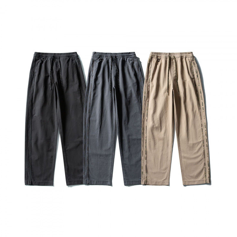 Men's Wide Straight-Leg Cotton Pants with Elastic Tunnel Drawstring and Decorative Side Seams Mune Fashion