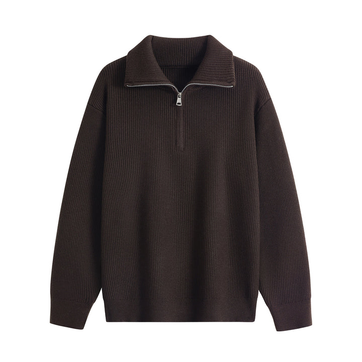Men's Half-Zip Knit Sweater with Ribbed Texture and Large Turn-Down Collar Mune Fashion