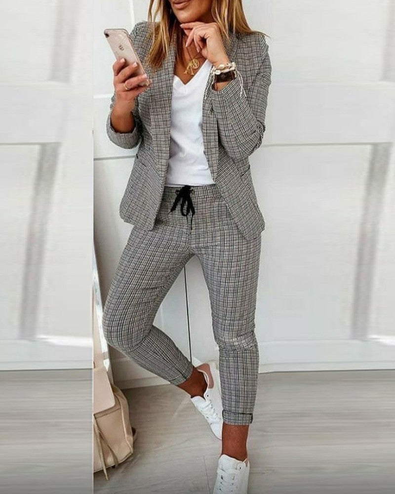 Women's two-piece checkered blazer and slim-fit jogging pants with drawstring Mune Fashion