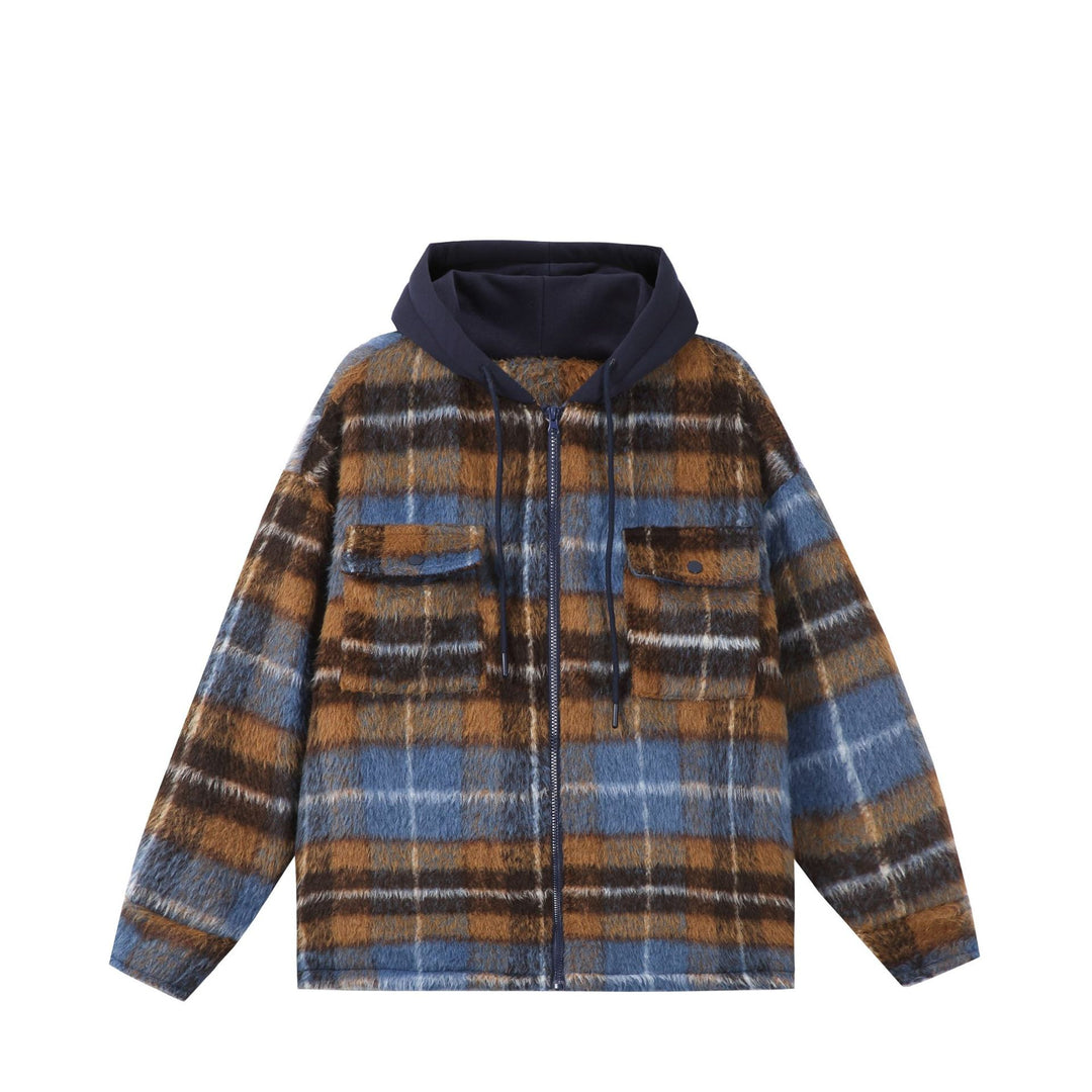 Unisex short cut plaid faux fur jacket with hood and zipper Mune Fashion
