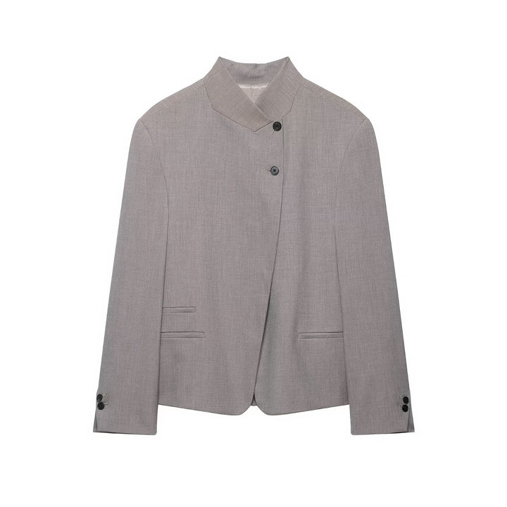 Women's Short Blazer with Stand Collar and Asymmetric Two-Button Closure Mune Fashion