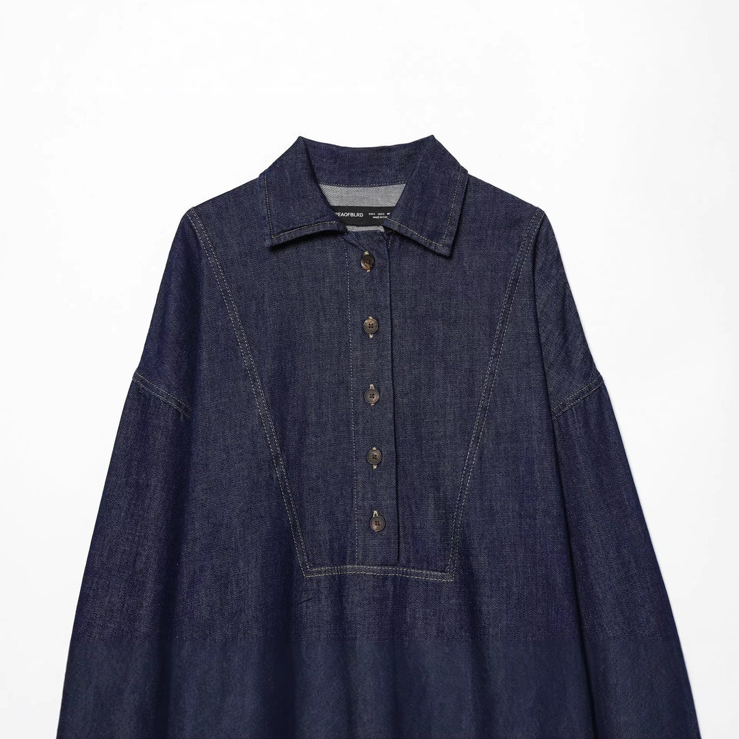 Women nan oversized denim blouse with concealed button placket, distinctive dividing seams, and boxy silhouette Mune Fashion