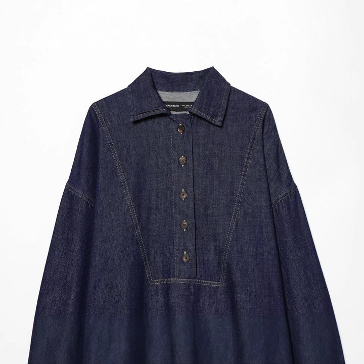 Women nan oversized denim blouse with concealed button placket, distinctive dividing seams, and boxy silhouette Mune Fashion