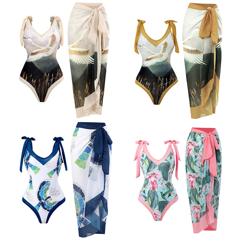 Women’s One-Piece Swimsuit with Playful Tie Straps and Elegant Wrap Skirt Mune Fashion