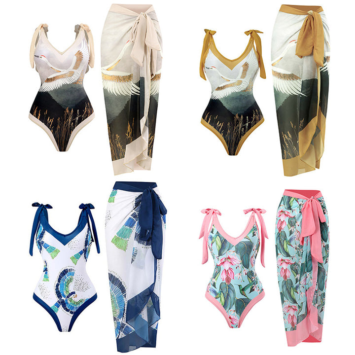 Women’s One-Piece Swimsuit with Playful Tie Straps and Elegant Wrap Skirt Mune Fashion