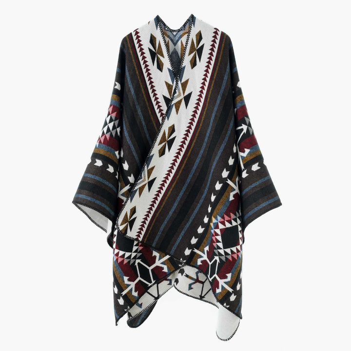 Women Oversize Jacquard Wrap Poncho with Geometric Aztec Pattern Mune Fashion