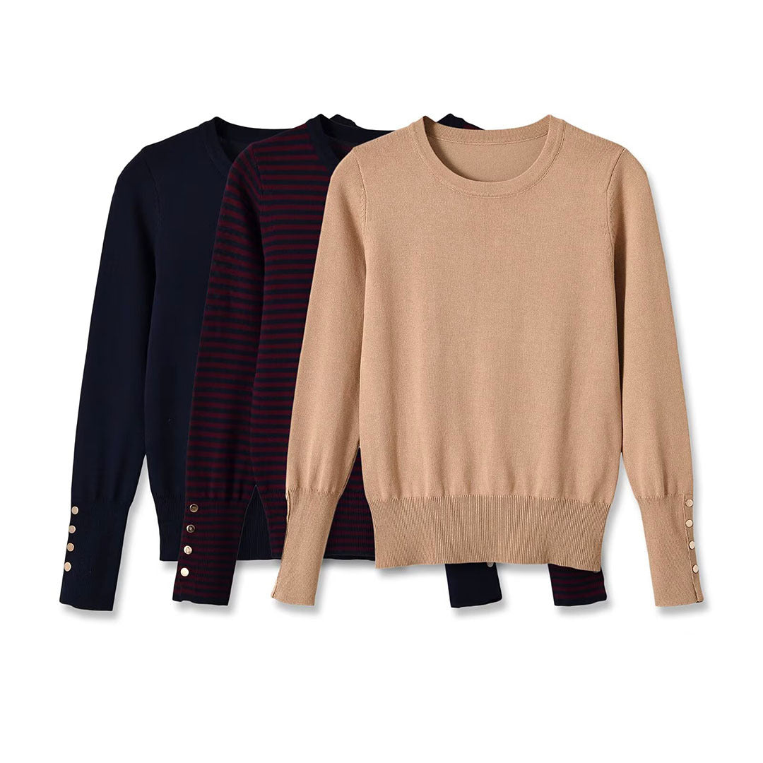 Women's fine knit pullover with stripe pattern, round neckline and decorative button detail Mune Fashion
