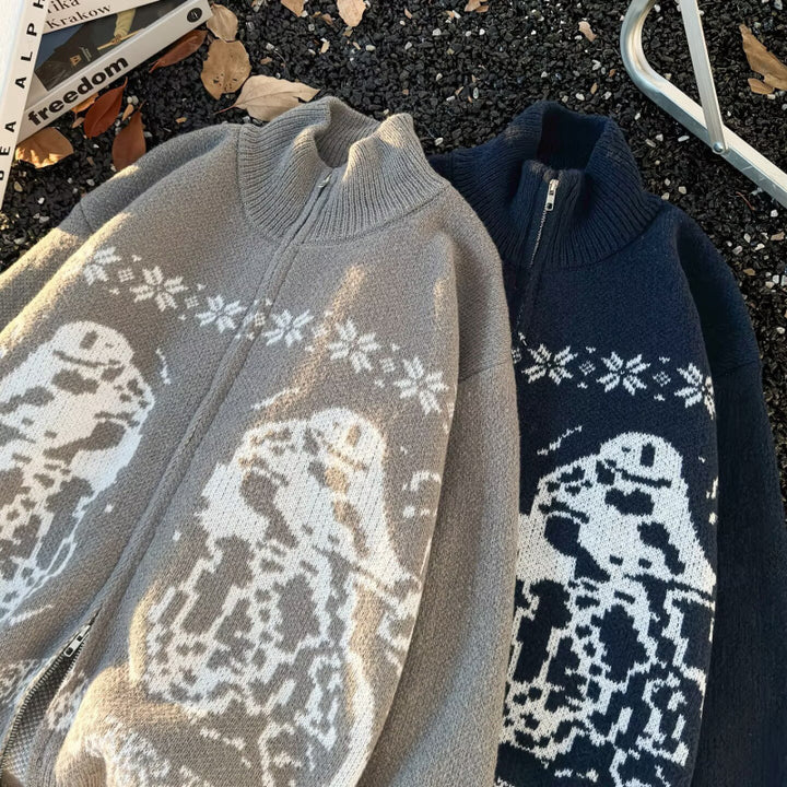 Unisex oversized cardigan with full zipper, high rib collar, and owl intarsia Mune Fashion